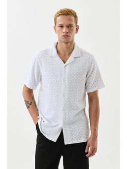 Snitch - Men Viscose Embellished Boxy Fit Collar Neck White Casual Shirt