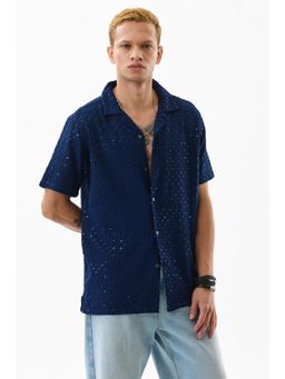 Snitch - Men Viscose Embellished Boxy Fit Collar Neck Navy Blue Casual Shirt
