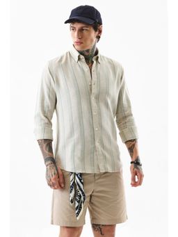 Snitch - Men Lyocell Blend Stripes Slim Fit Collar Neck Off White Casual Shirt