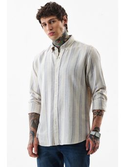 Snitch - Men Lyocell Blend Stripes Slim Fit Collar Neck Off White Casual Shirt