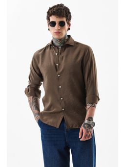 Snitch - Men Modal Solid Slim Fit Collar Neck Brown Casual Shirt