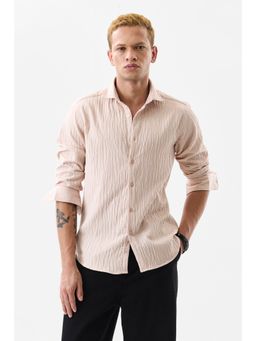 Snitch - Men Polyester Textured Slim Fit Collar Neck Cream Casual Shirt