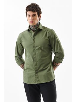 Snitch - Men Cotton Lycra Solid Slim Fit Collar Neck Olive Casual Shirt