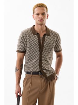 Snitch - Men Cotton Geometric Slim Fit Collar Neck Beige Casual Shirt