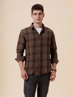 Crocodile - Men Pure Cotton Checks Regular Fit Collar Neck Green Casual Shirt