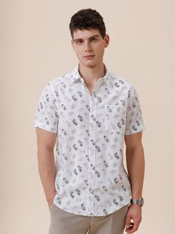 Crocodile - Men Cotton Linen Blend Printed Regular Fit Collar Neck White Casual Shirt