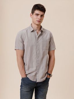 Crocodile - Men Pure Cotton Stripes Regular Fit Collar Neck Beige Casual Shirt