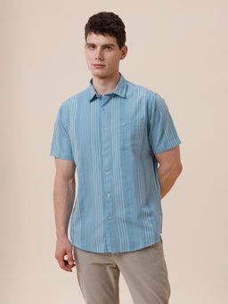 Crocodile - Men Pure Cotton Stripes Regular Fit Collar Neck Blue Casual Shirt