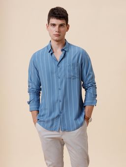 Crocodile - Men Viscose Stripes Regular Fit Collar Neck Blue Casual Shirt