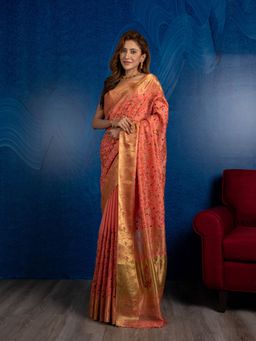 Beatitude - Peach-Coloured Green Floral Silk Blend Saree with Unstitched Blouse