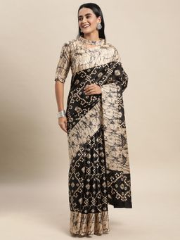 Sareemall - Bhagalpuri Silk Black Printed Celebrity Saree With Unstitched Blouse