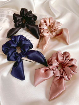 Mueras - Navy Blue- Rose Gold- Pink and Black Bow Tie Knot Scrunchies Set of 4