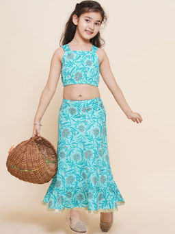 AJ Dezines - Cotton Printed Sleeveless Lehenga Choli for Girls - Firozi (Set of 2)