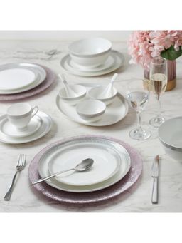 HomeTown - Amour Bone China Dinner Set Of 33 Pieces In Real Gold Plating & White Colour