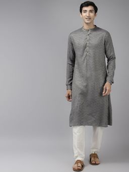 See Designs - Men Grey & Beige Woven Design Thread Work Kurta with Pyjama (Set of 2)