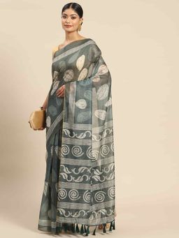 Silk Land - Womens Pure Cotton Green Block Print Saree with Unstitched Blouse