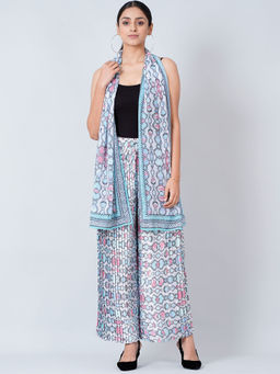 First Resort by Ramola Bachchan - Blue Geometric Pleated Palazzo And Stole (Set of 2)