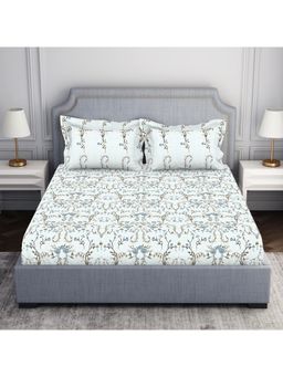SPACES - Aqua Floral 144 Tc 100% Cotton Double Bedsheet with 2 Pillow Cover