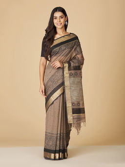 Fabindia - Grey Cotton Silk Hand Block Printed Saree Without Blouse