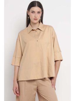 Elena Miro - Beige Solid Regular Fit Polo T-Shirt