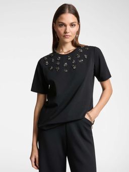 Elena Miro - Black Embellished Regular Fit T-Shirt