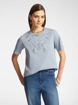 Elena Miro - Blue Embroidered Regular Fit T-Shirt