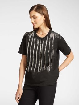 Elena Miro - Black Embellished Regular Fit T-Shirt