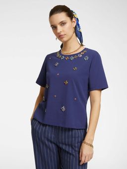 Elena Miro - Blue Embellished Regular Fit T-Shirt