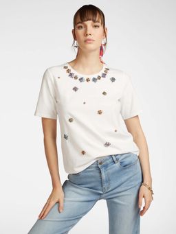 Elena Miro - White Embellished Regular Fit T-Shirt