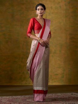 WeaverStory - Handloom Beige Cotton Tissue Banarasi Saree Pink Mashroo Border with Unstitched Blouse