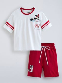 Hopscotch - Off White Cotton Mickey Mouse T-Shirt And Shorts