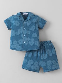 Hopscotch - Blue 2-Pc Floral Textured Shirt And Shorts