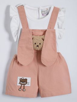 Hopscotch - White 2-Pc Teddy Applique Cotton Dungaree Set