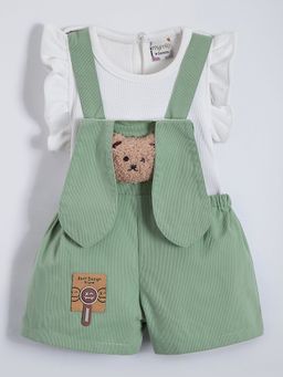 Hopscotch - White 2-Pc Teddy Applique Cotton Dungaree Set