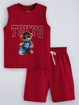 Hopscotch - Red 2-Pc Cotton Bear T-Shirt And Shorts