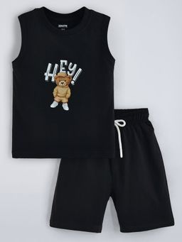 Hopscotch - Black 2-Pc Cotton Bear T-Shirt And Shorts