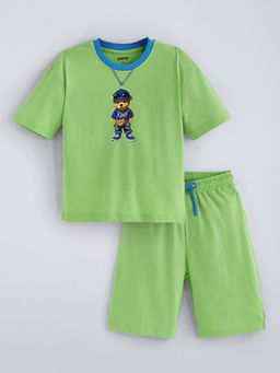 Hopscotch - Green 2-Pc Cotton Bear T-Shirt And Shorts