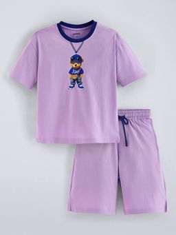 Hopscotch - Purple 2-Pc Cotton Bear T-Shirt And Shorts