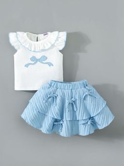 Hopscotch - White 2-Pc Bow Applique T-Shirt And Skirt