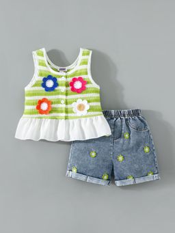 Hopscotch - Green 2-Pc Crochet Blouse And Denim Shorts