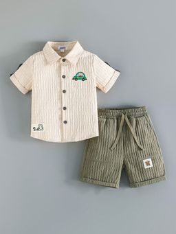 Hopscotch - Beige 2-Pc Textured Vehicle Embroidery Short Set
