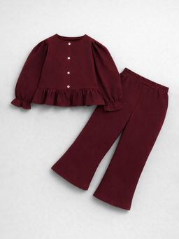Hopscotch - Maroon 2-Pc Ruffled Sweatshirt And Pants