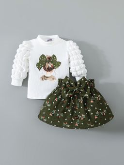 Hopscotch - White 2-Pc Bubble Sleeves Bow Floral Skirt Set