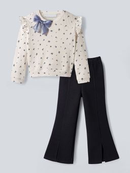 Hopscotch - Beige 2-Pc Bow Applique Ruffled Pant Set