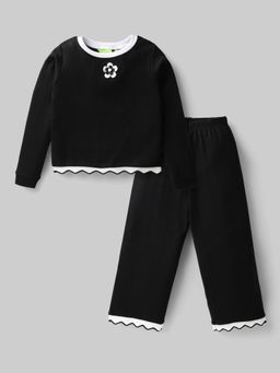Hopscotch - Black 2-Pc Floral Applique Scalloped Pant Set