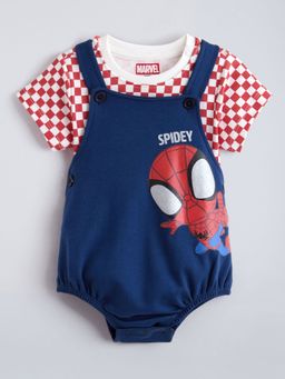 Hopscotch - Blue Spider Man Checkered Cotton T-Shirt And Onesie