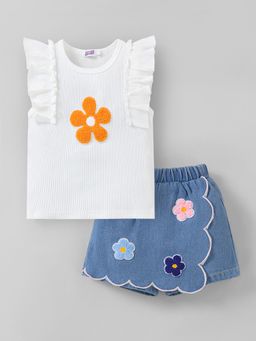 Hopscotch - White 2-Pc Floral Applique Ruffled Skort Set