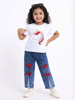 Hopscotch - White 2-Pc Cotton Unicorn T-Shirt And Jeans