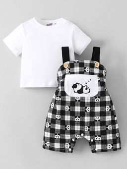 Hopscotch - White 2-Pc Checkered Dungaree And T-Shirt