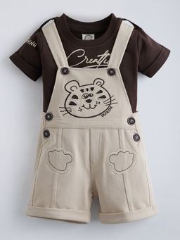 Hopscotch - Beige 2-Pc Kitty Embroidery Cotton Dunagree Set